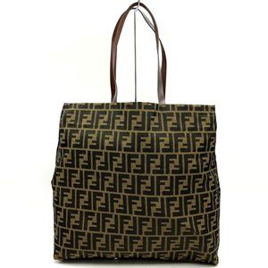 FENDI 71 15978 Tote Bag in Zucca Nylon Canvas and Leather, Brown Khaki, Women's